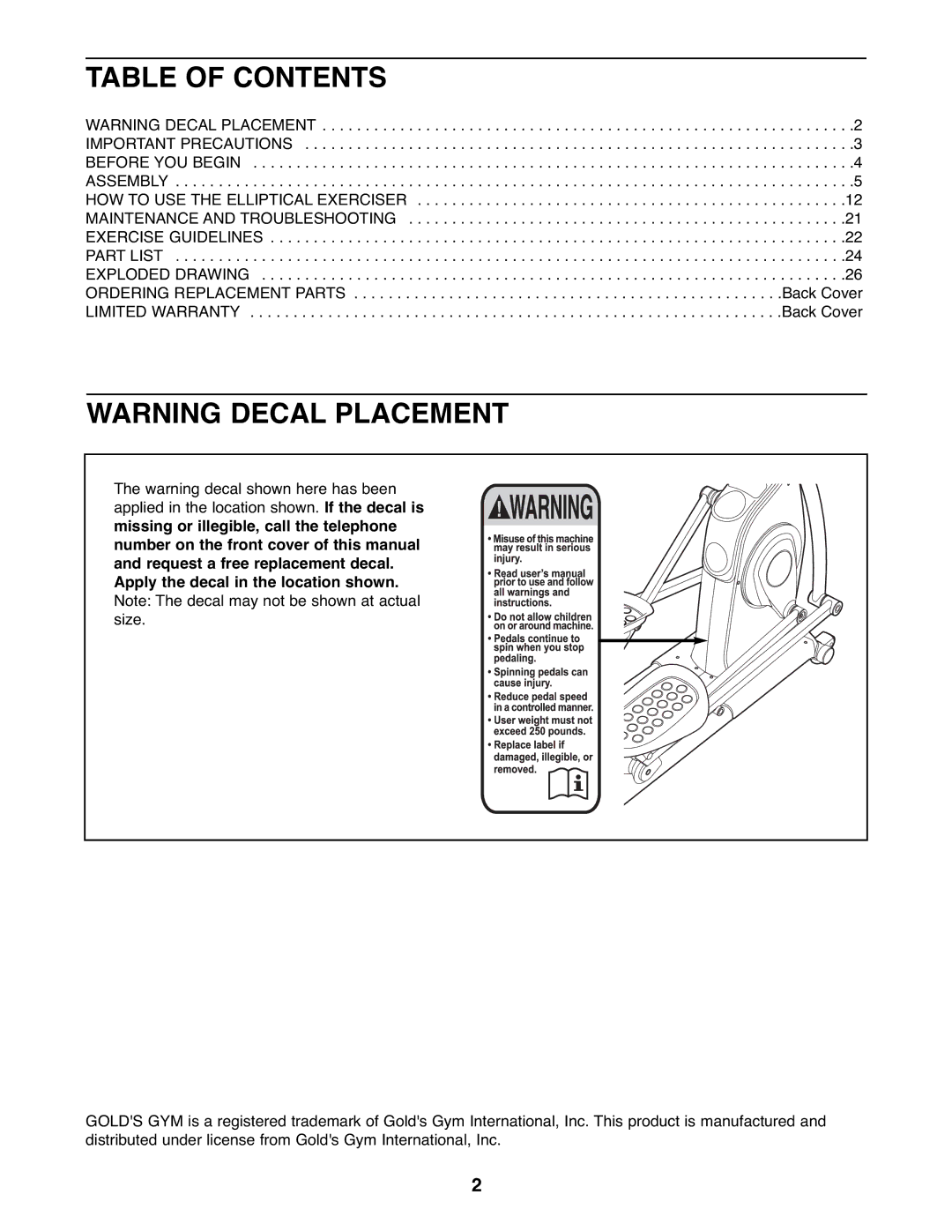 Gold's Gym GGEL67907.0 manual Table of Contents 