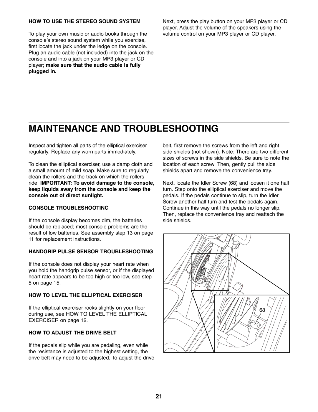 Gold's Gym GGEL67907.0 manual Maintenance and Troubleshooting, HOW to USE the Stereo Sound System, Console Troubleshooting 