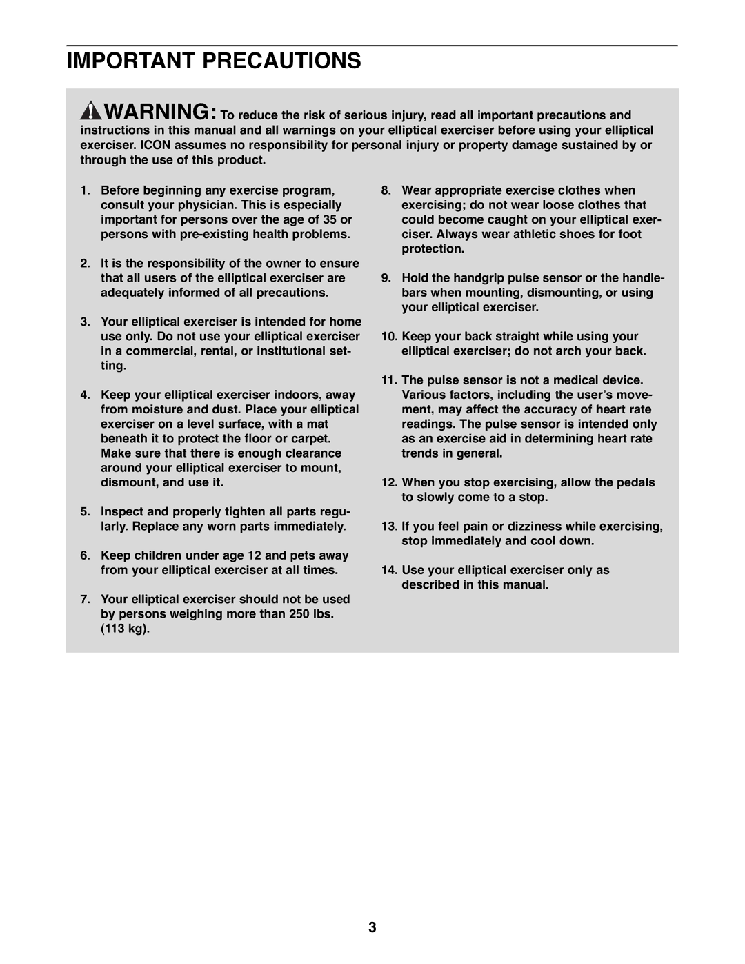 Gold's Gym GGEL67907.0 manual Important Precautions 