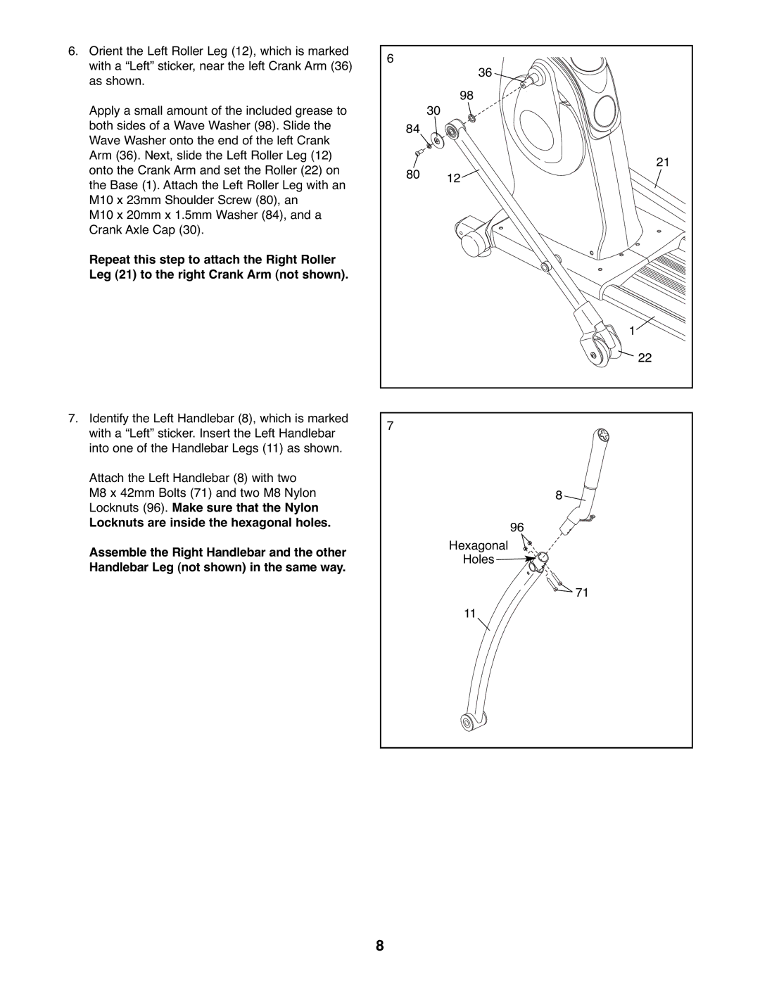 Gold's Gym GGEL67907.0 manual Locknuts are inside the hexagonal holes 