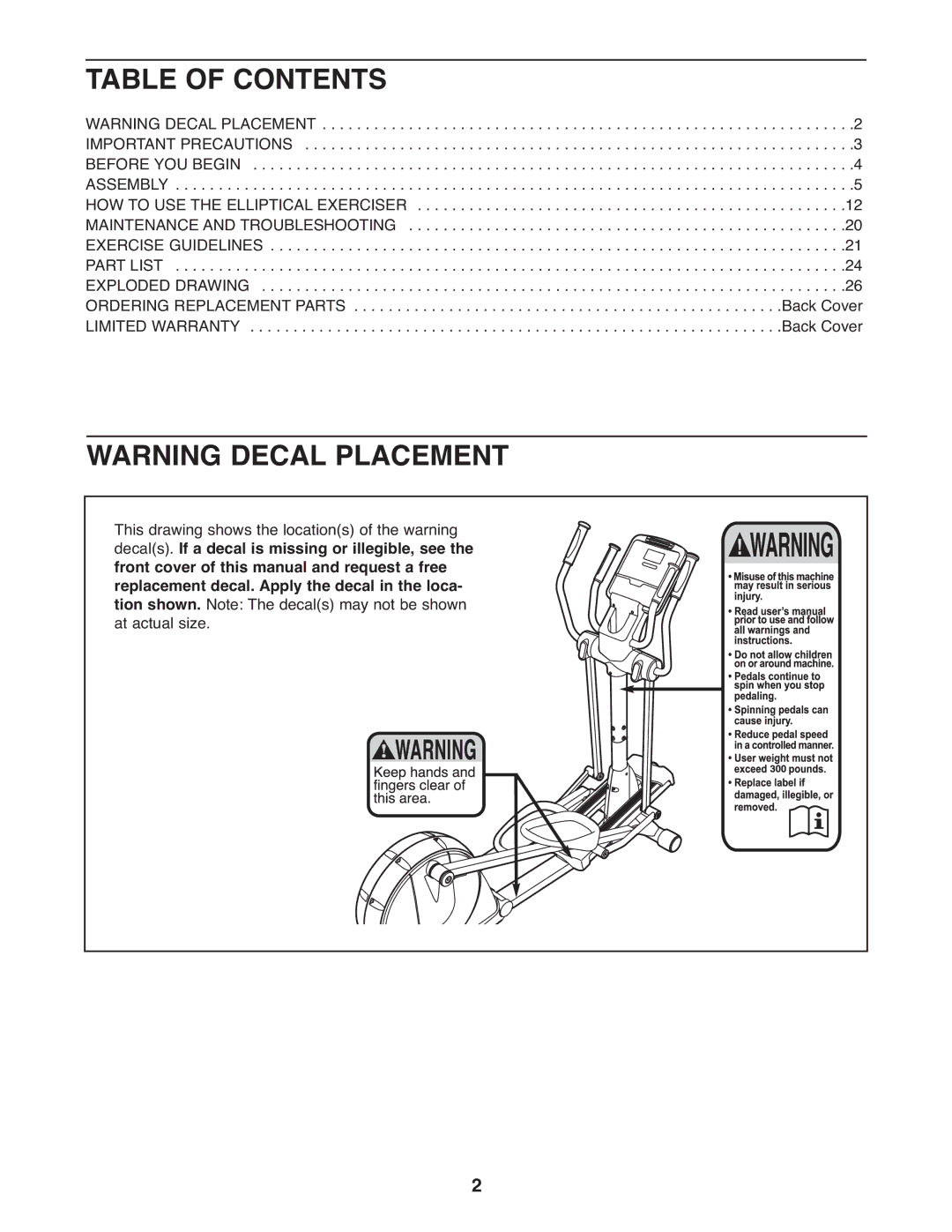 Gold's Gym GGEL68108.0, 880 manual Table of Contents 