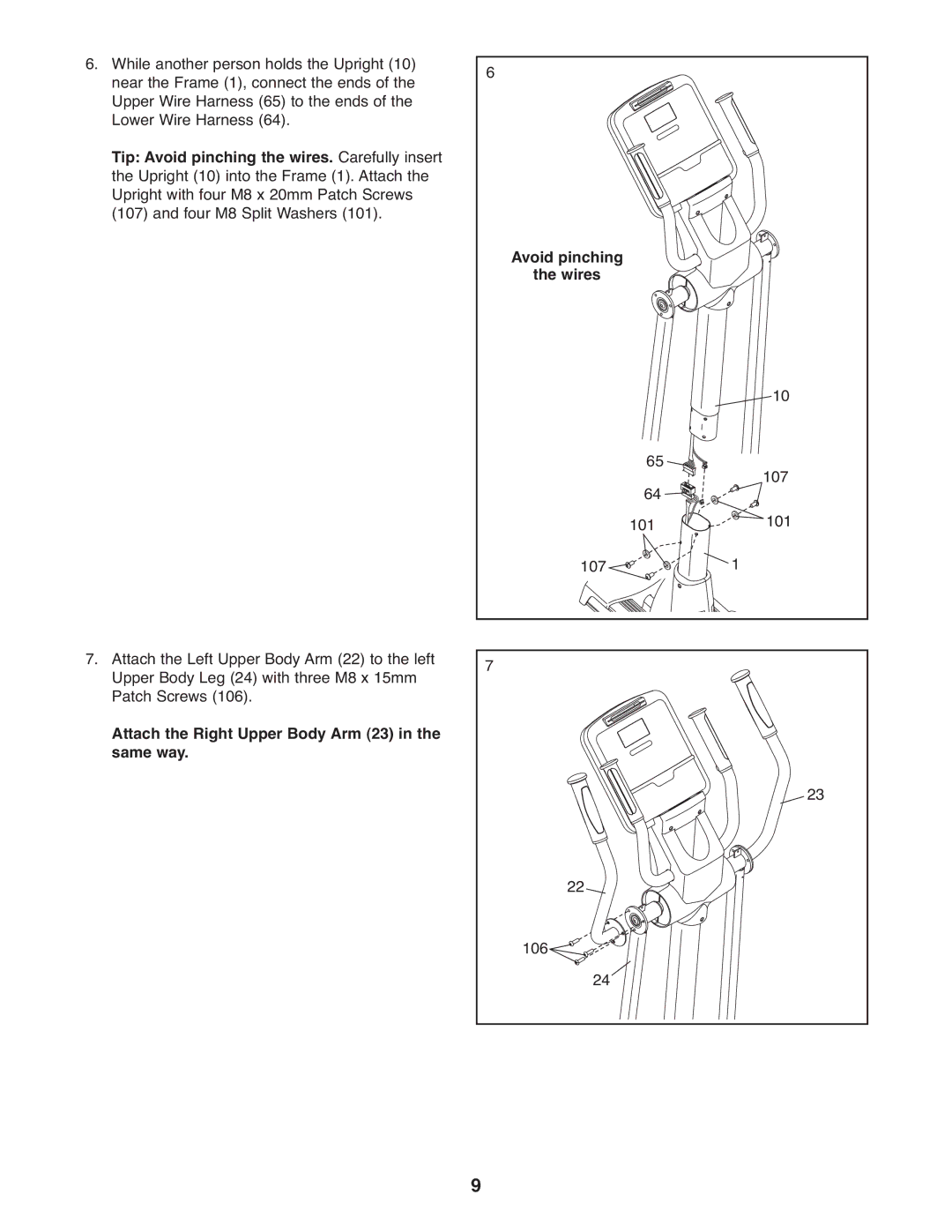 Gold's Gym 880, GGEL68108.0 manual Tip Avoid pinching the wires. Carefully insert, Avoid pinching Wires 