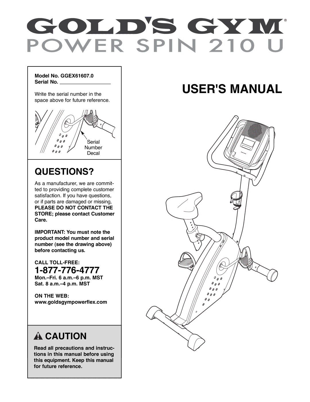 Gold's Gym manual Questions?, Model No. GGEX61607.0 Serial No, Call TOLL-FREE 