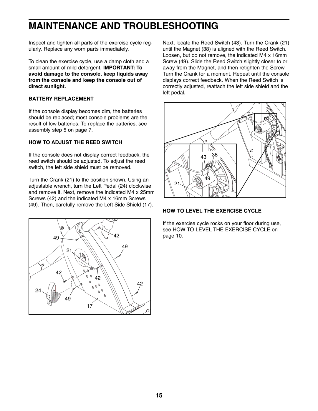 Gold's Gym GGEX61607.0 manual Maintenance and Troubleshooting, Battery Replacement, HOW to Adjust the Reed Switch 