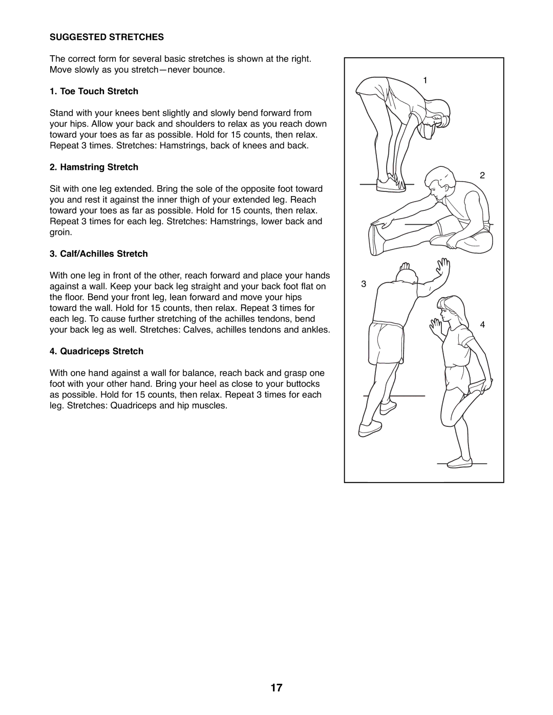 Gold's Gym GGEX61607.0 manual Suggested Stretches, Toe Touch Stretch, Hamstring Stretch, Calf/Achilles Stretch 