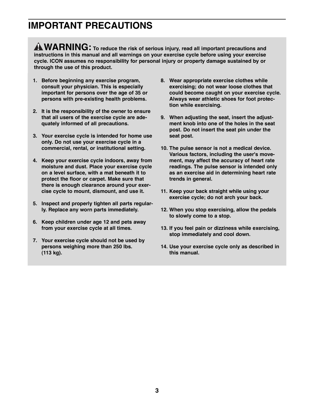 Gold's Gym GGEX61607.0 manual Important Precautions 