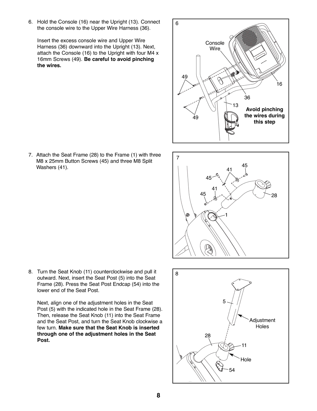 Gold's Gym GGEX61607.0 manual Avoid pinching, Wires during, This step 