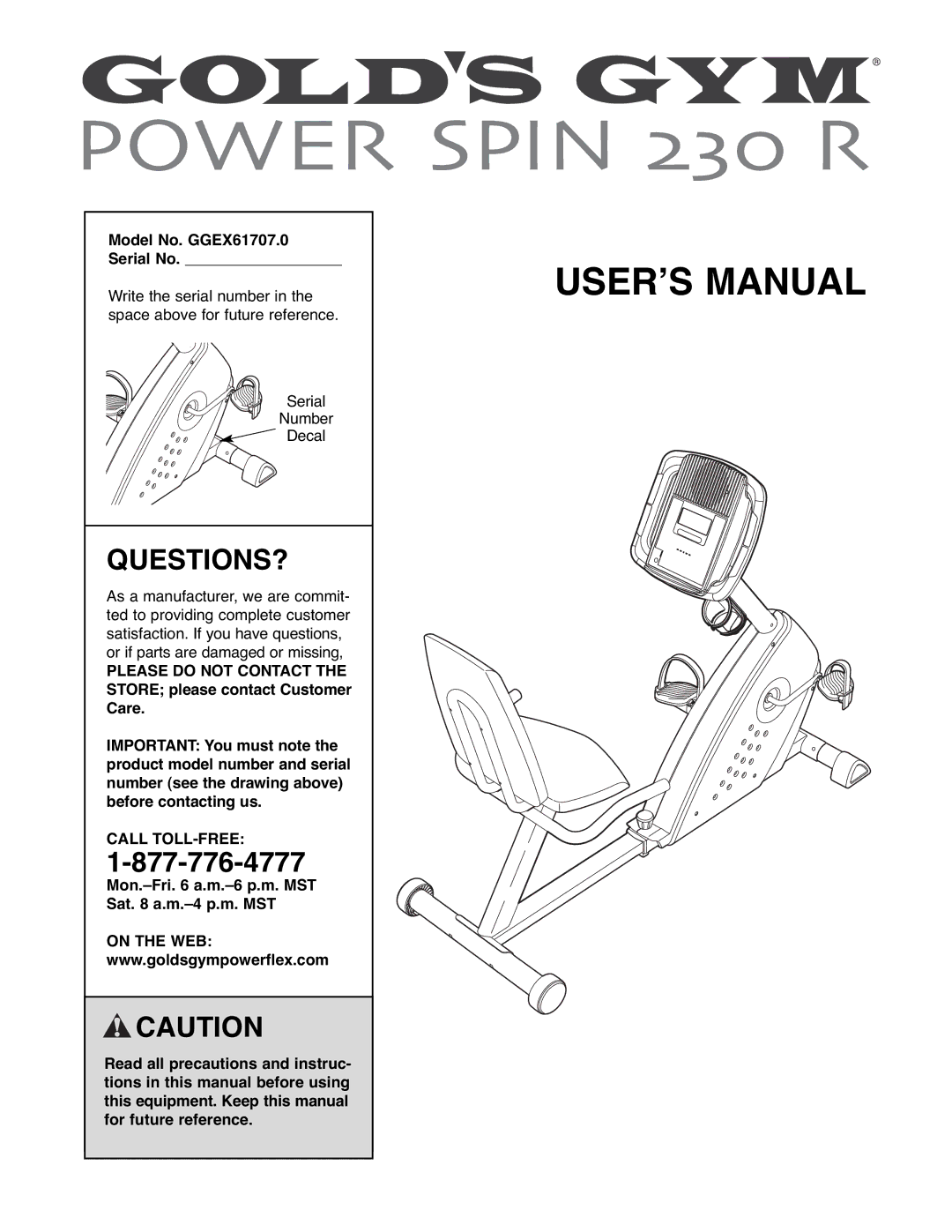 Gold's Gym manual Questions?, Model No. GGEX61707.0 Serial No, Call TOLL-FREE 