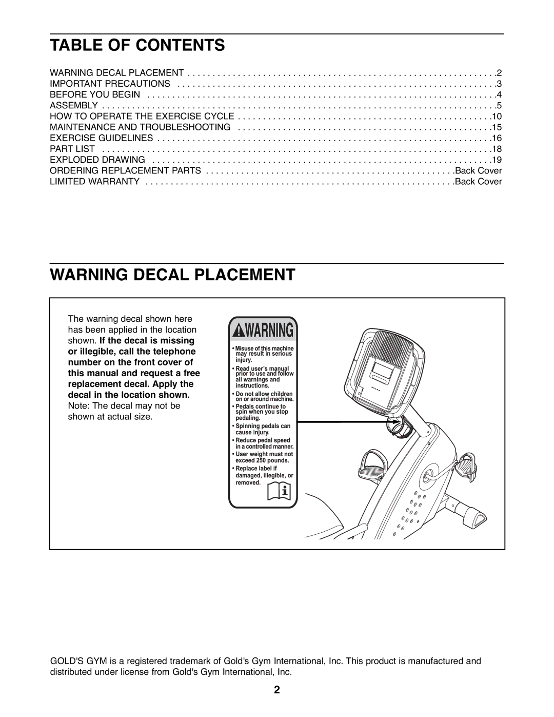 Gold's Gym GGEX61707.0 manual Table of Contents 