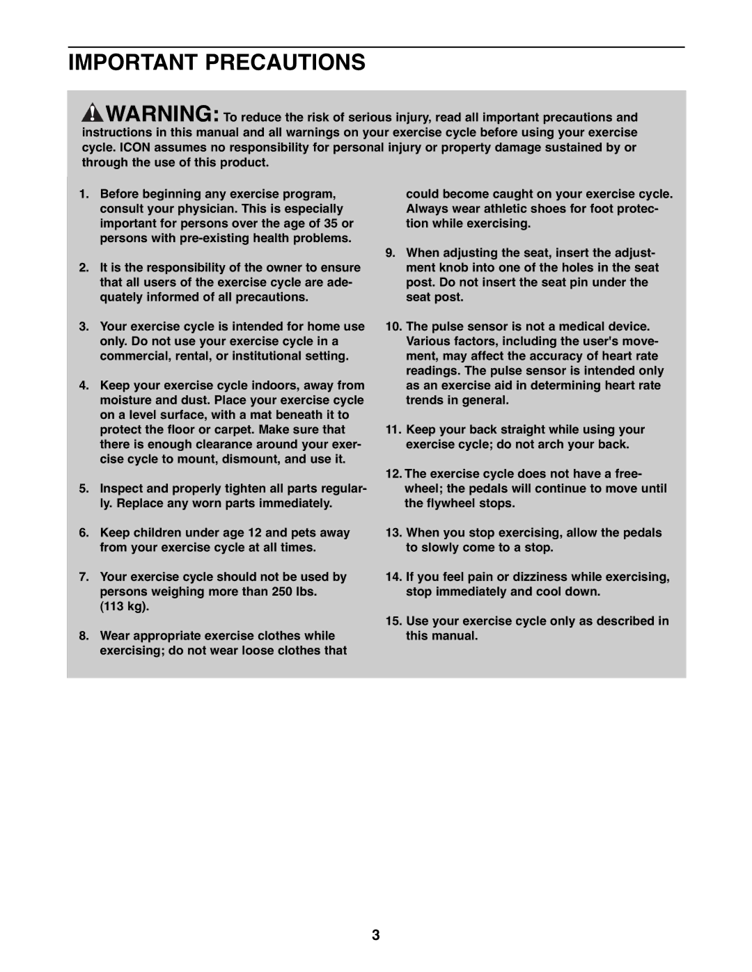 Gold's Gym GGEX61707.0 manual Important Precautions 