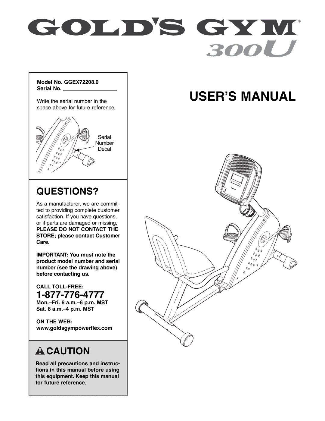 Gold's Gym manual Questions?, Model No. GGEX72208.0 Serial No, Call TOLL-FREE 