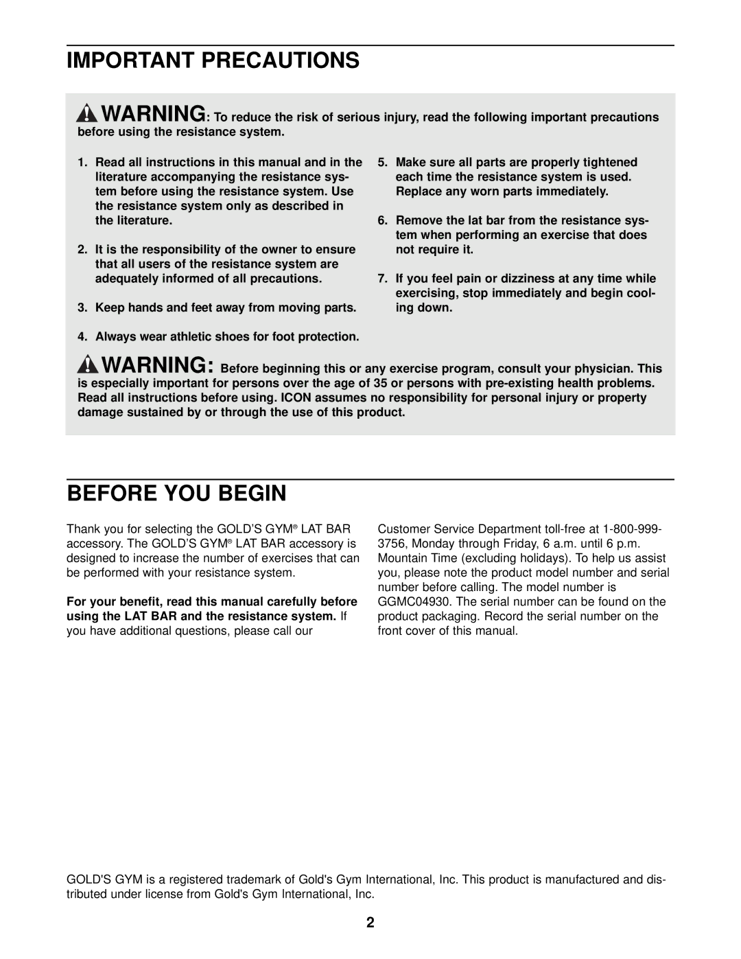 Gold's Gym GGMC04930 manual Important Precautions, Before YOU Begin 