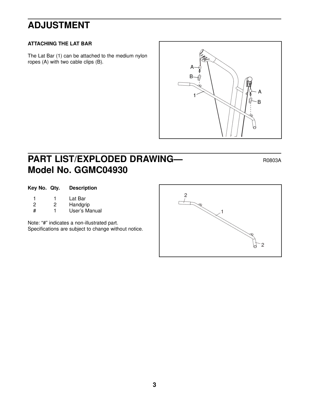 Gold's Gym GGMC04930 manual Adjustment, Part LIST/EXPLODED Drawing 