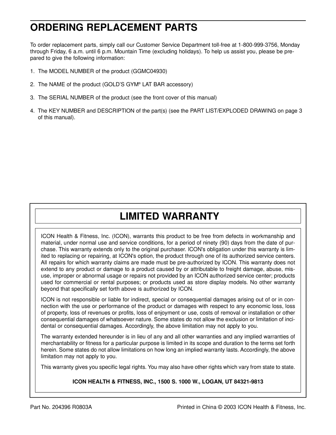 Gold's Gym GGMC04930 manual Ordering Replacement Parts, Limited Warranty 