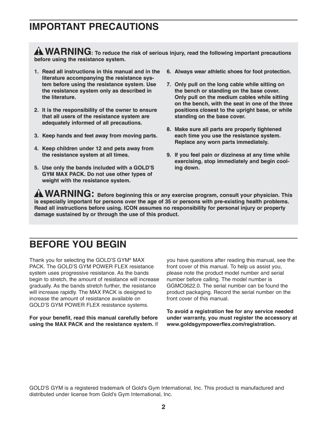 Gold's Gym GGMC0622.0 manual Important Precautions, Before YOU Begin 