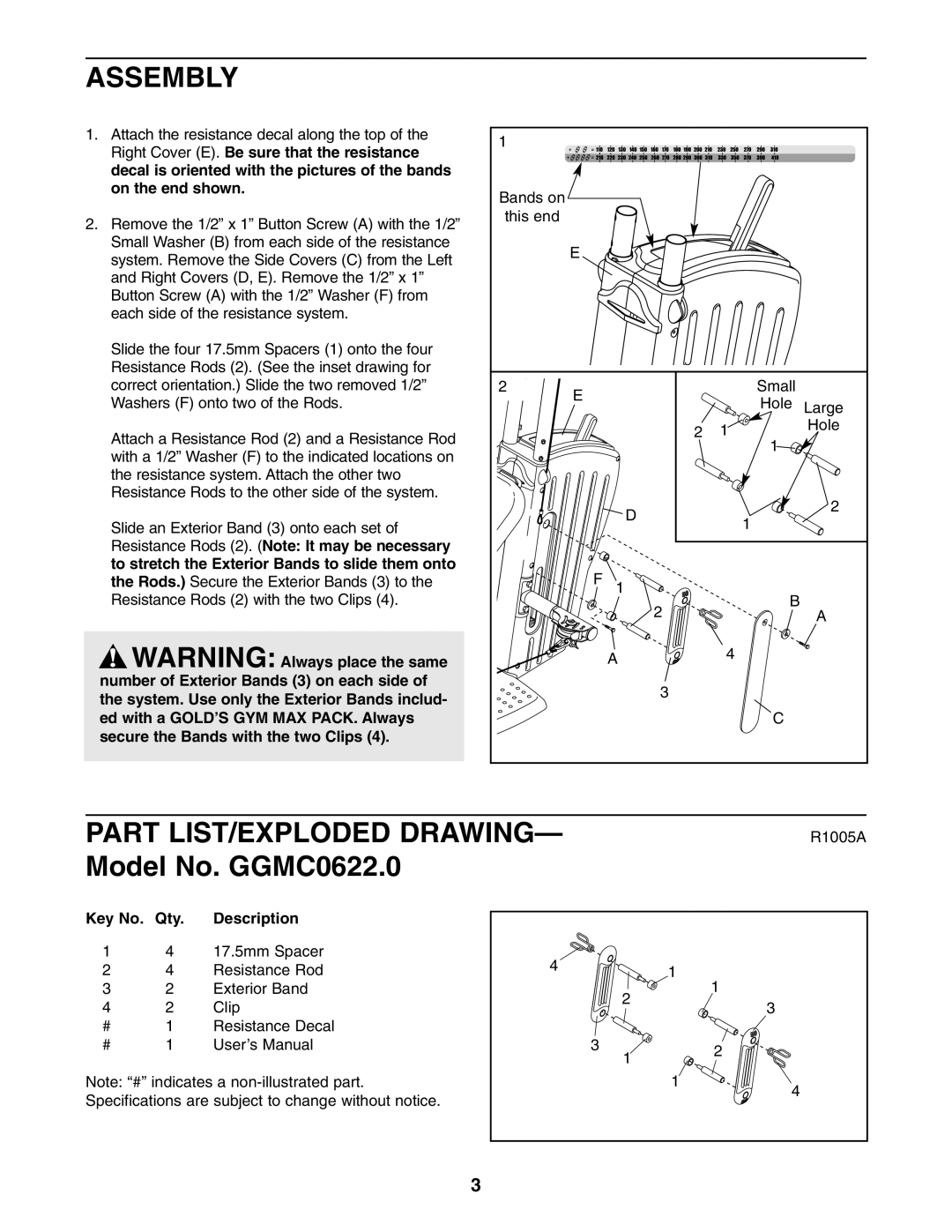 Gold's Gym GGMC0622.0 manual Assembly, Part LIST/EXPLODED Drawing 