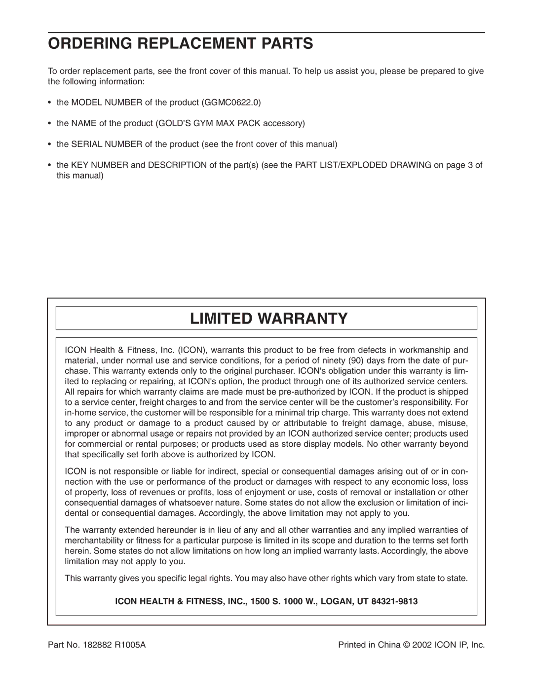 Gold's Gym GGMC0622.0 manual Ordering Replacement Parts, Limited Warranty 