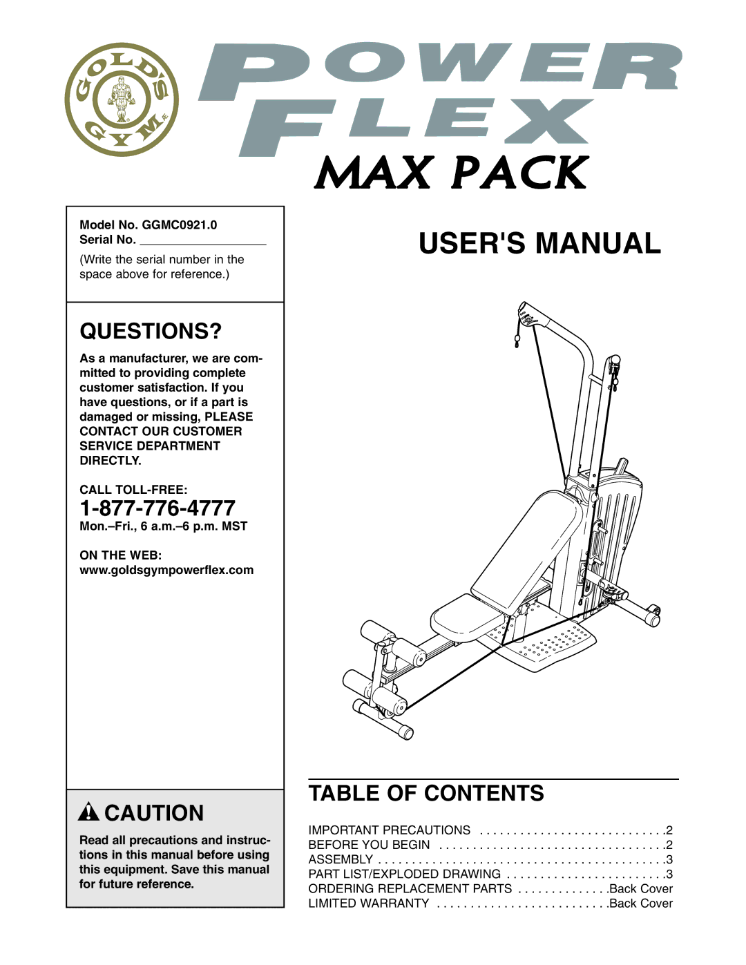 Gold's Gym GGMC0921.0 manual Questions?, Table of Contents 