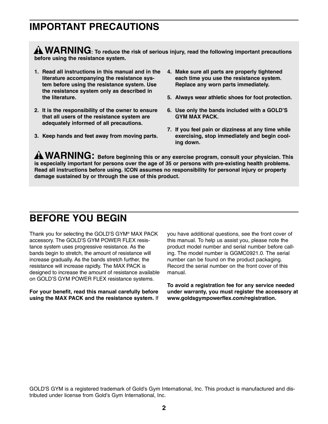 Gold's Gym GGMC0921.0 manual Important Precautions, Before YOU Begin 