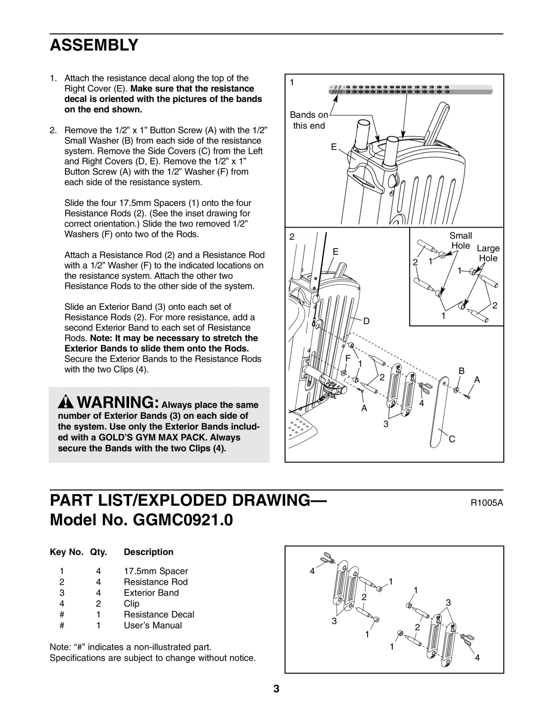 Gold's Gym GGMC0921.0 manual Assembly, Part LIST/EXPLODED Drawing 