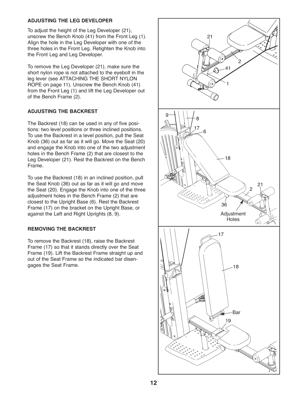 Gold's Gym GGSY2921.0 manual Adjusting the LEG Developer, Adjusting the Backrest, Removing the Backrest 