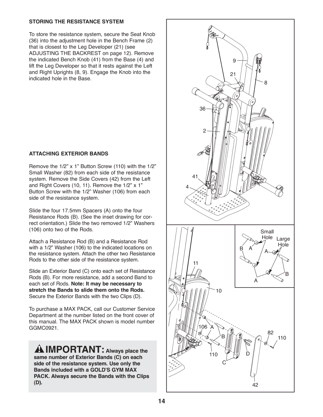 Gold's Gym GGSY2921.0 manual Storing the Resistance System, Attaching Exterior Bands 