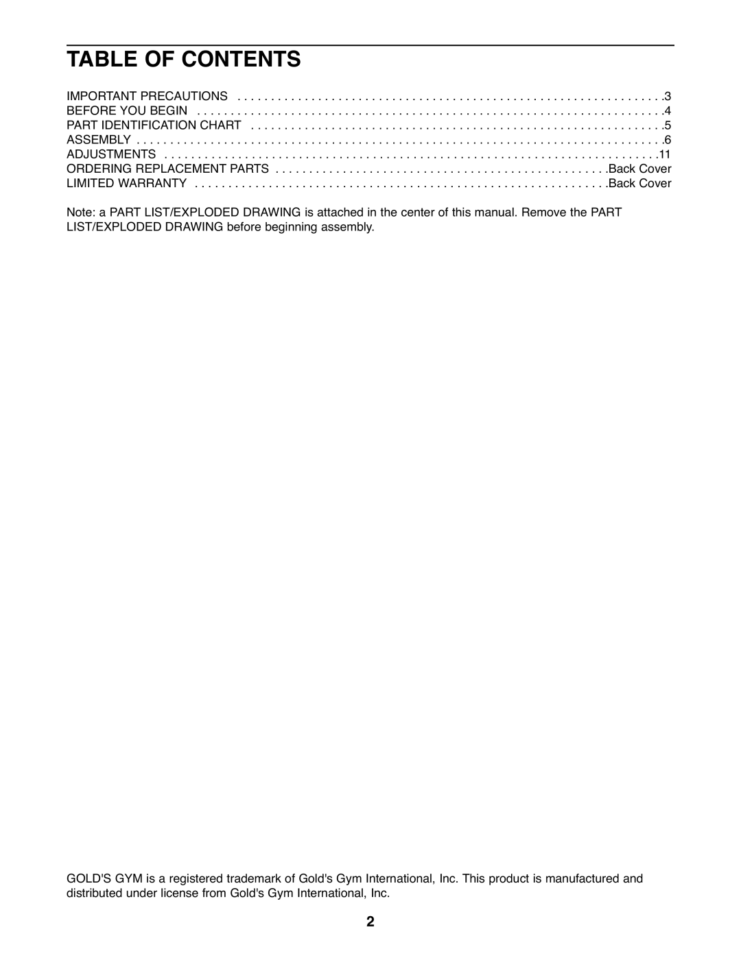 Gold's Gym GGSY2921.0 manual Table of Contents 