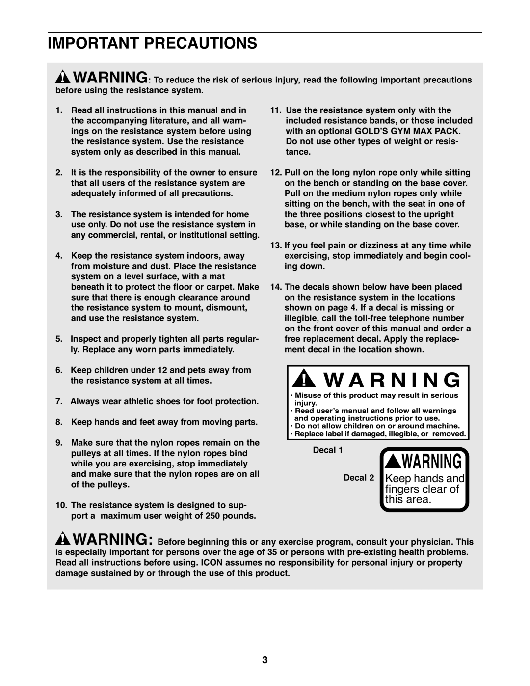 Gold's Gym GGSY2921.0 manual Important Precautions 