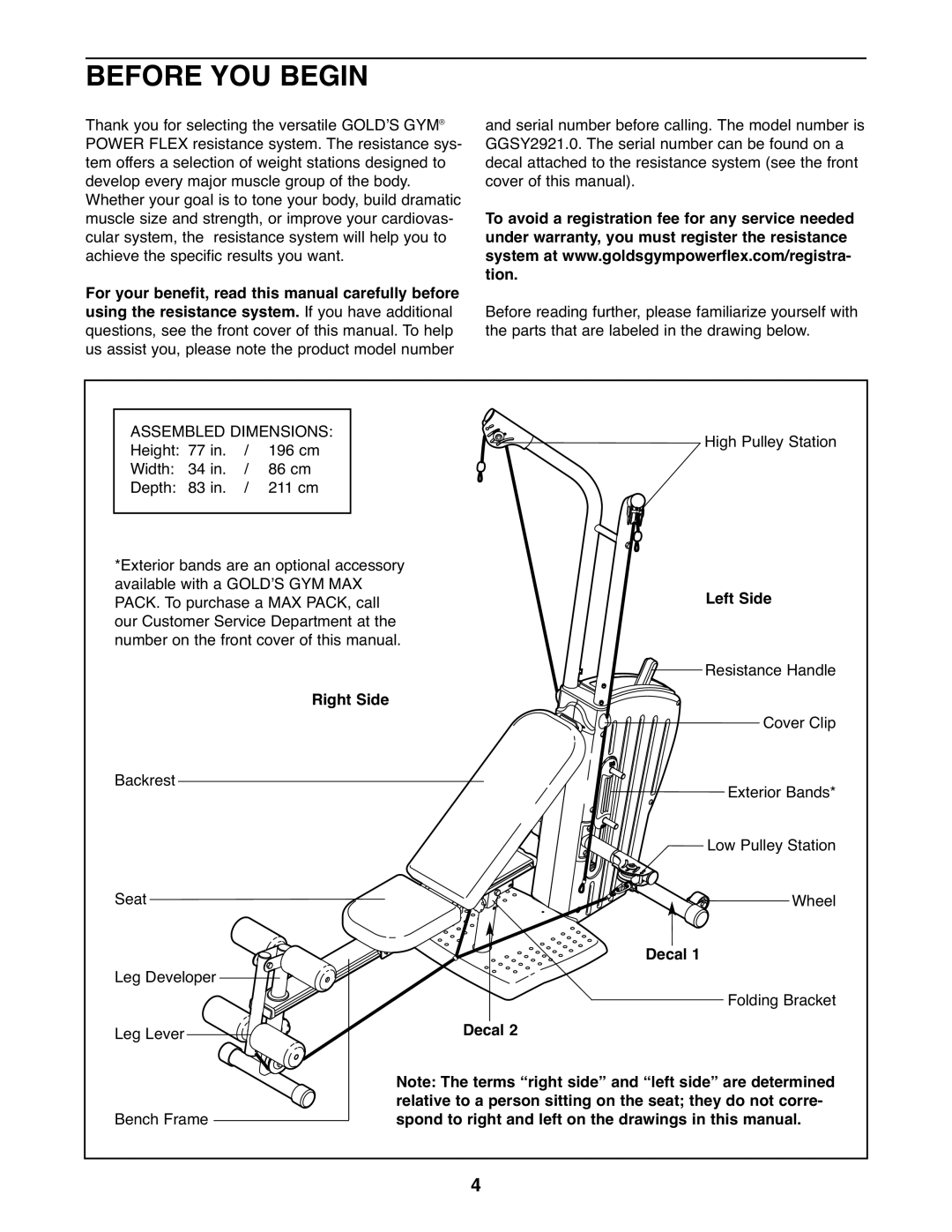 Gold's Gym GGSY2921.0 manual Before YOU Begin, Right Side 