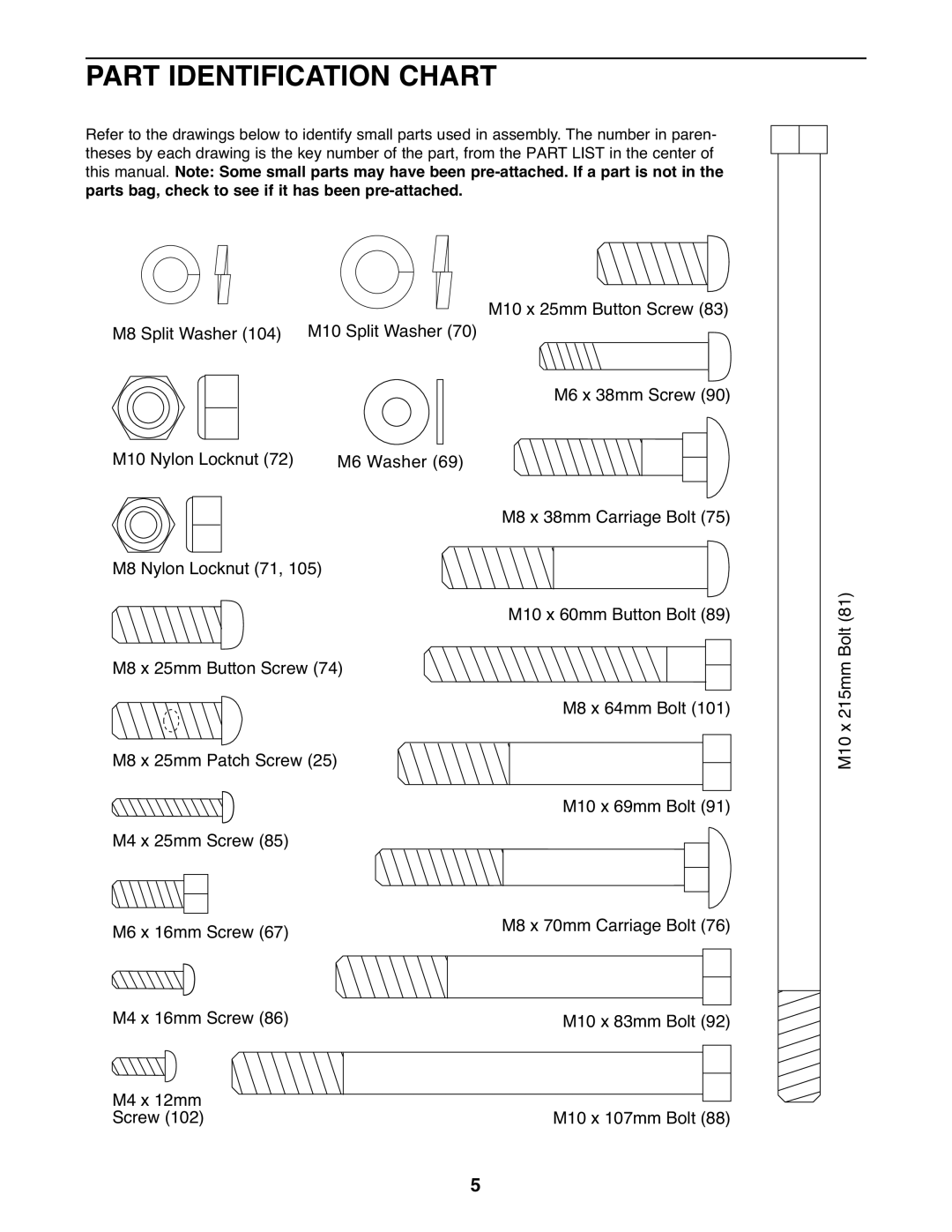 Gold's Gym GGSY2921.0 manual Part Identification Chart 