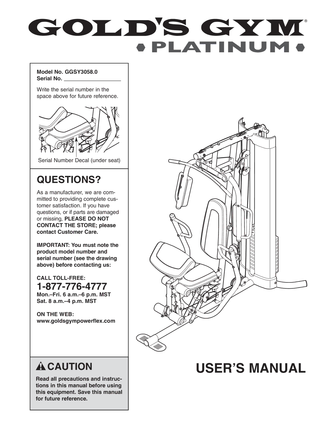 Gold's Gym manual Questions?, Model No. GGSY3058.0 Serial No, Call TOLL-FREE 