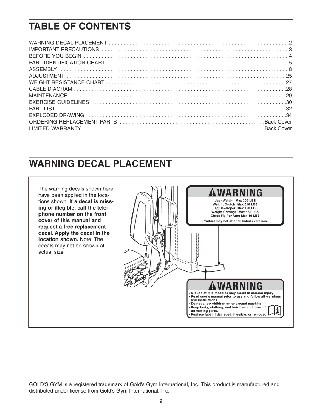 Gold's Gym GGSY3058.0 manual Table of Contents 