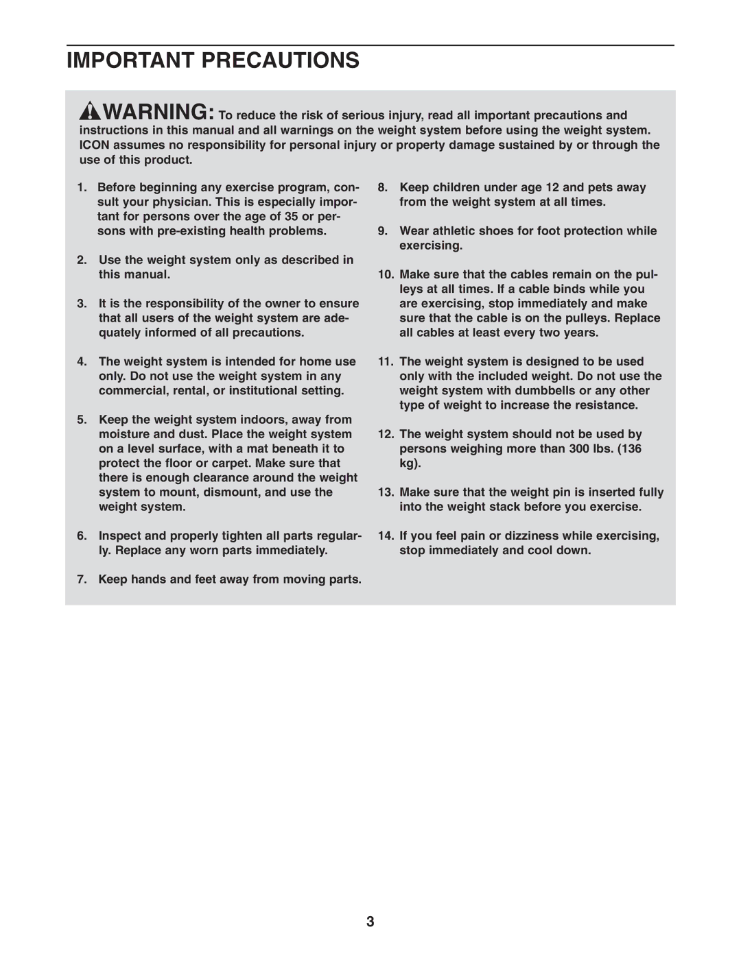 Gold's Gym GGSY3058.0 manual Important Precautions 