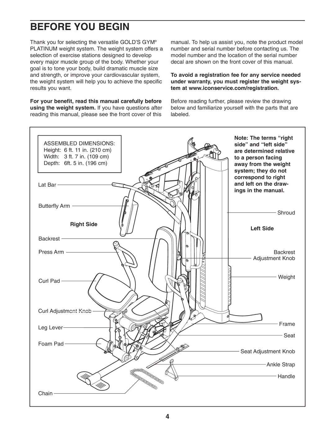 Gold's Gym GGSY3058.0 manual Before YOU Begin, Right Side, Left Side 