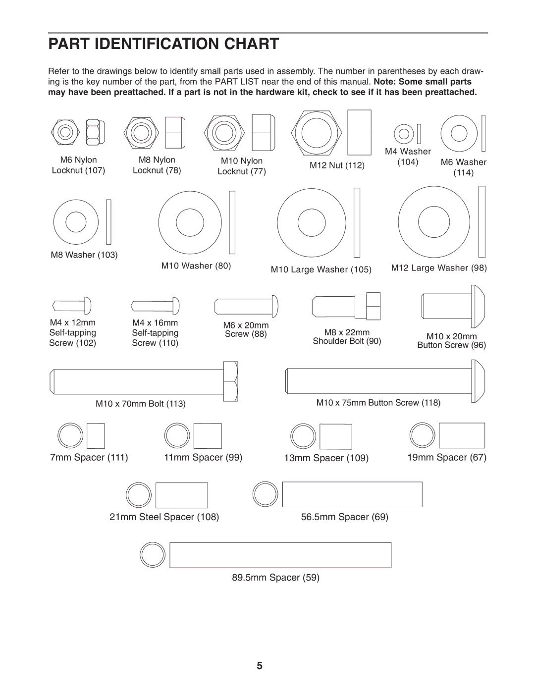 Gold's Gym GGSY3058.0 manual Part Identification Chart, 21mm Steel Spacer 56.5mm Spacer 89.5mm Spacer 