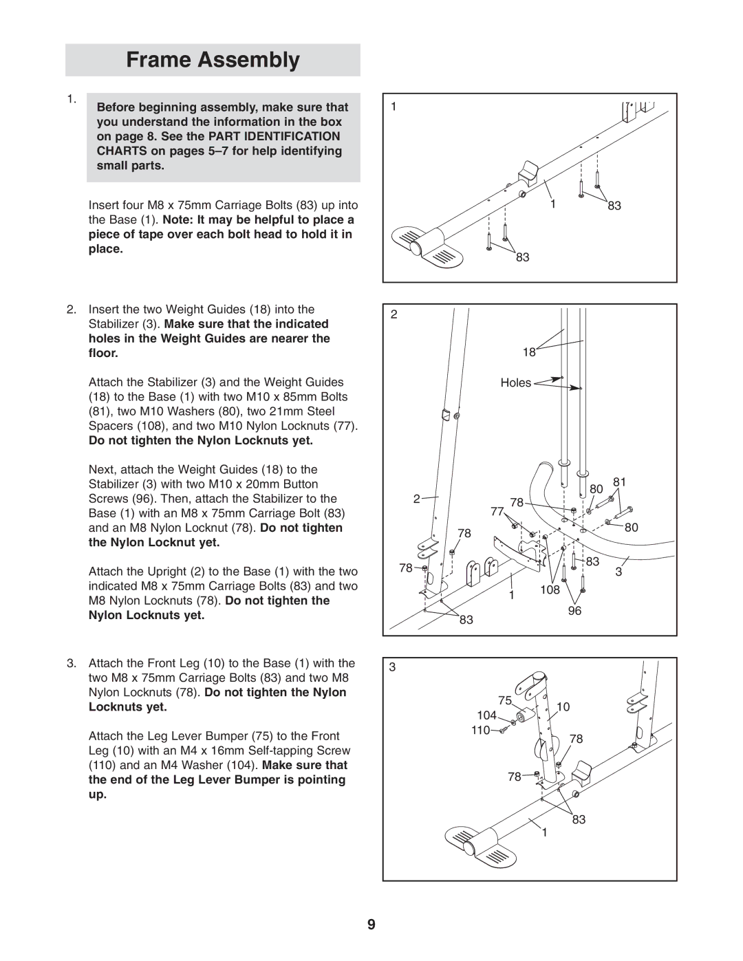 Gold's Gym GGSY3058.0 manual Do not tighten the Nylon Locknuts yet 