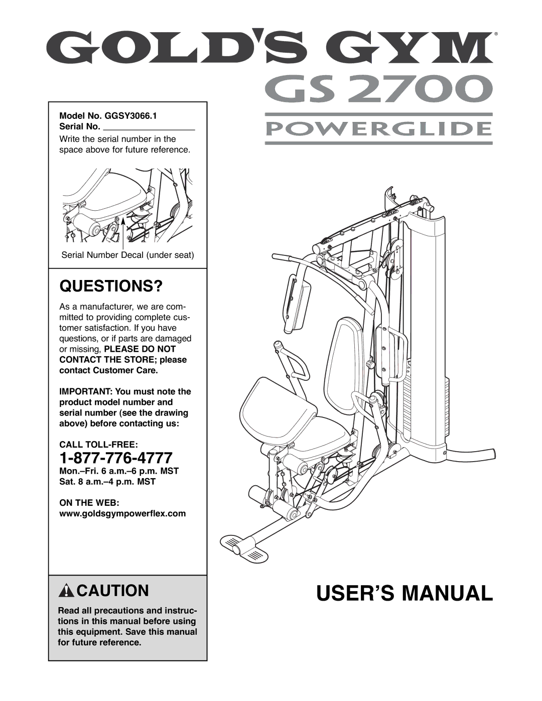 Gold's Gym manual Questions?, Model No. GGSY3066.1 Serial No, Call TOLL-FREE 