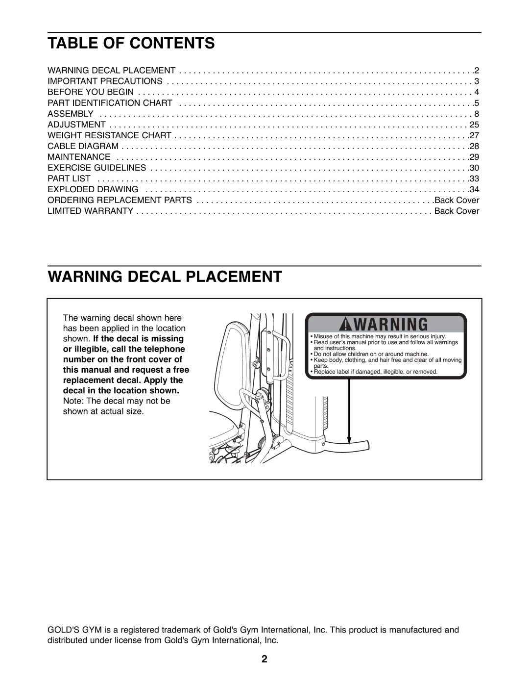 Gold's Gym GGSY3066.1 manual Table of Contents 