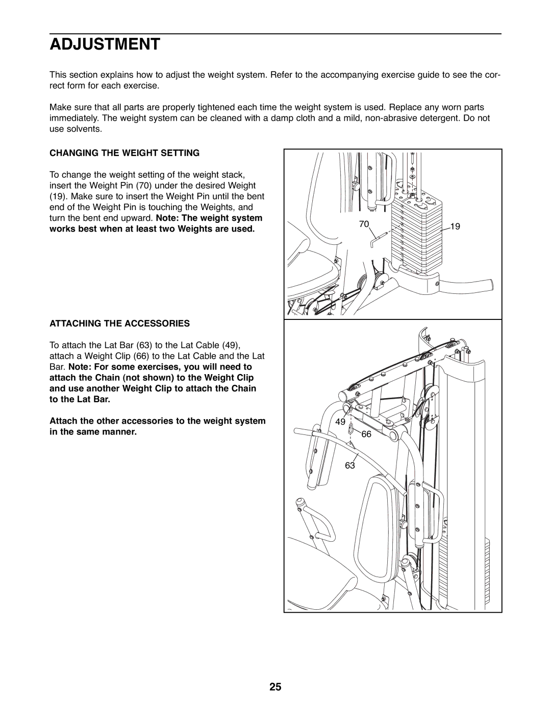 Gold's Gym GGSY3066.1 manual Adjustment, Changing the Weight Setting, Attaching the Accessories 