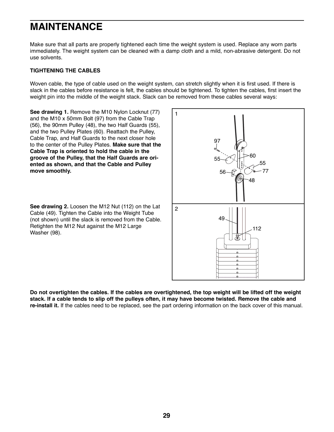 Gold's Gym GGSY3066.1 manual Maintenance, Tightening the Cables 