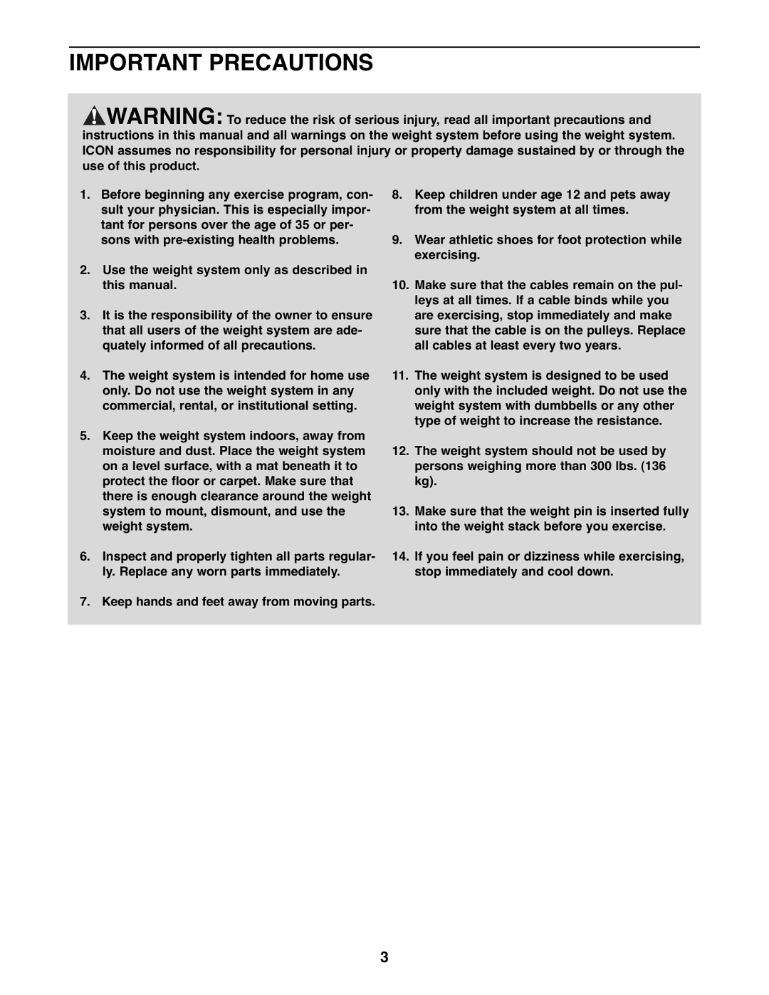 Gold's Gym GGSY3066.1 manual Important Precautions 