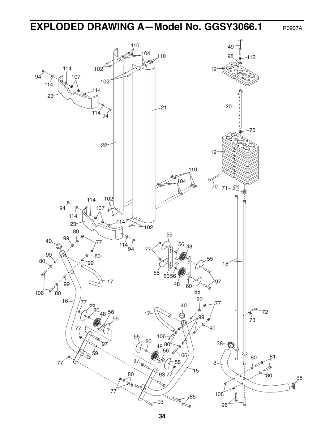 Gold's Gym manual Exploded Drawing A-Model No. GGSY3066.1 R0907A 