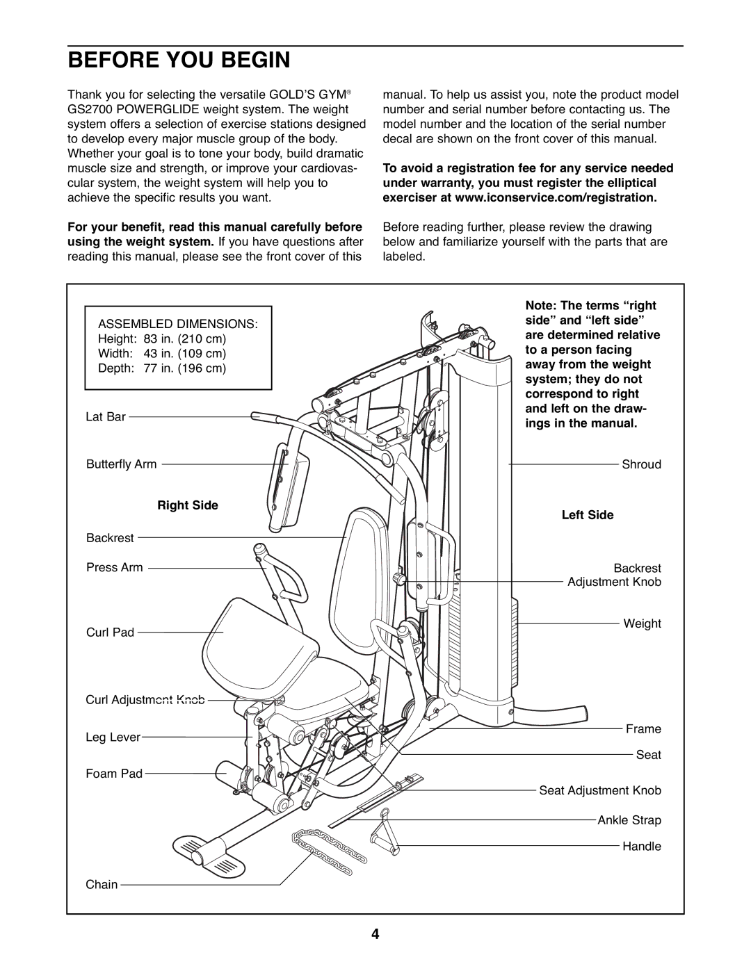 Gold's Gym GGSY3066.1 manual Before YOU Begin, Right Side, Left Side 