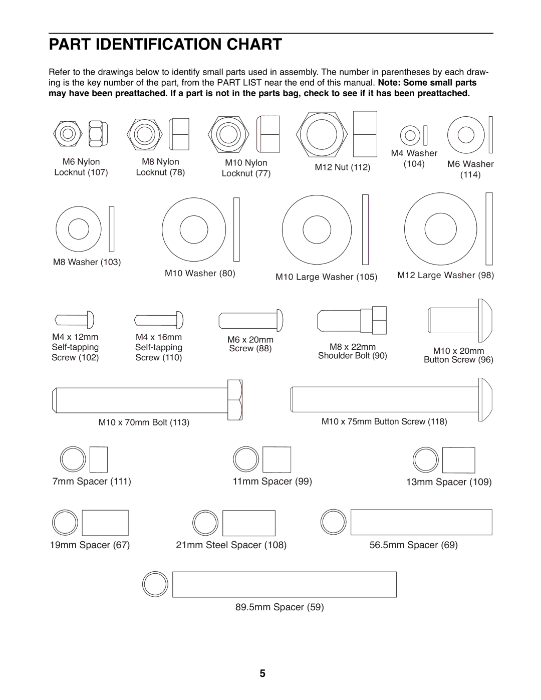 Gold's Gym GGSY3066.1 manual Part Identification Chart, 89.5mm Spacer 