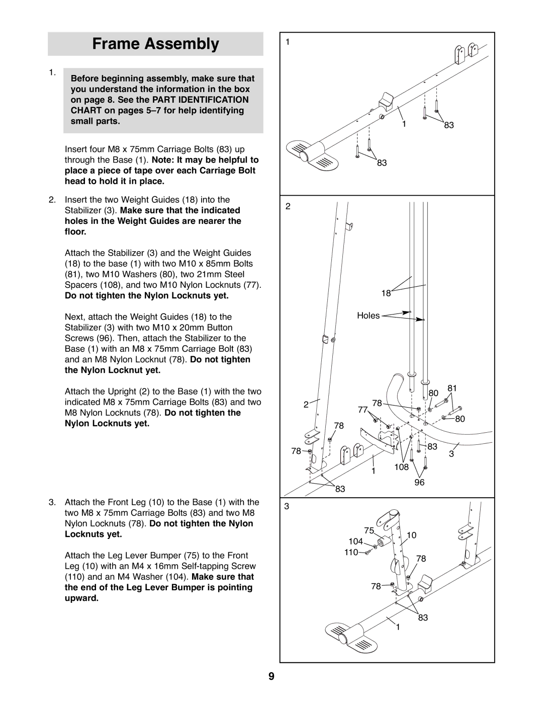 Gold's Gym GGSY3066.1 manual Do not tighten the Nylon Locknuts yet, Nylon Locknut yet 