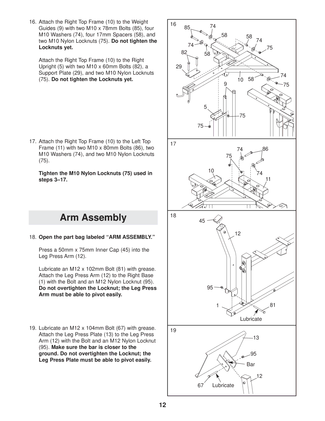 Gold's Gym GGSY69530 Arm Assembly, Tighten the M10 Nylon Locknuts 75 used in steps, Open the part bag labeled ARM Assembly 