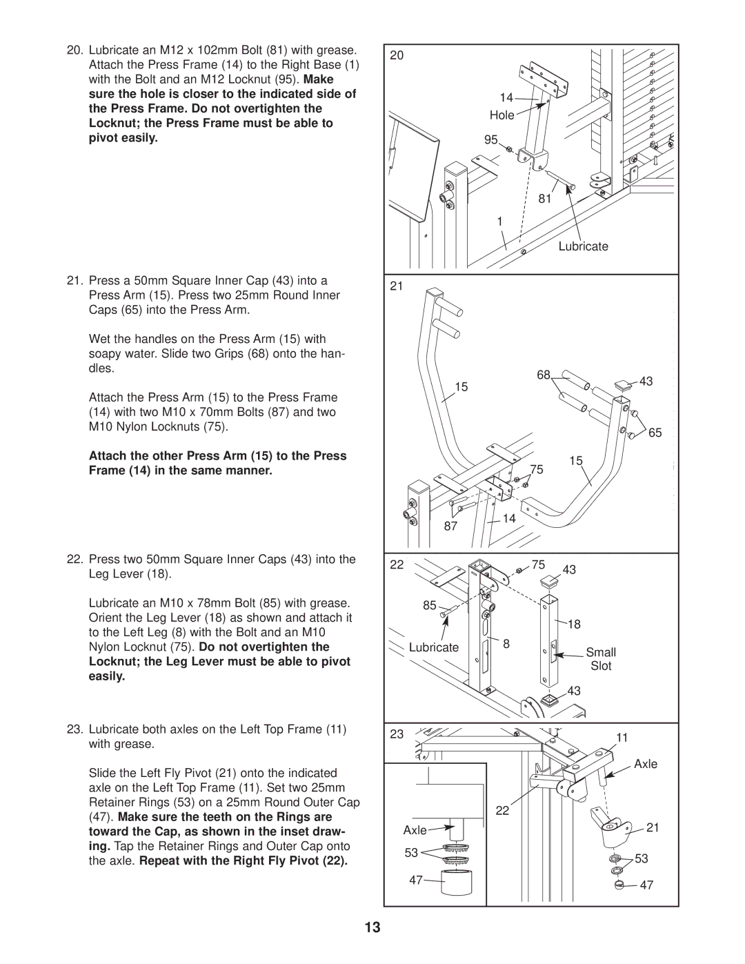 Gold's Gym GGSY69530 manual Locknut the Leg Lever must be able to pivot easily 