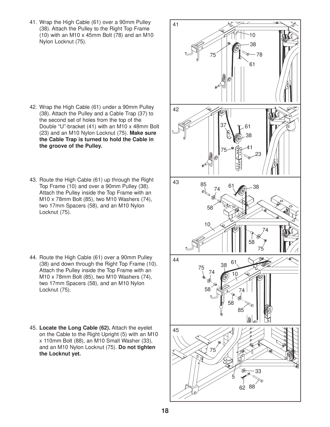 Gold's Gym GGSY69530 manual Cable Trap is turned to hold the Cable Groove of the Pulley, Locknut yet 