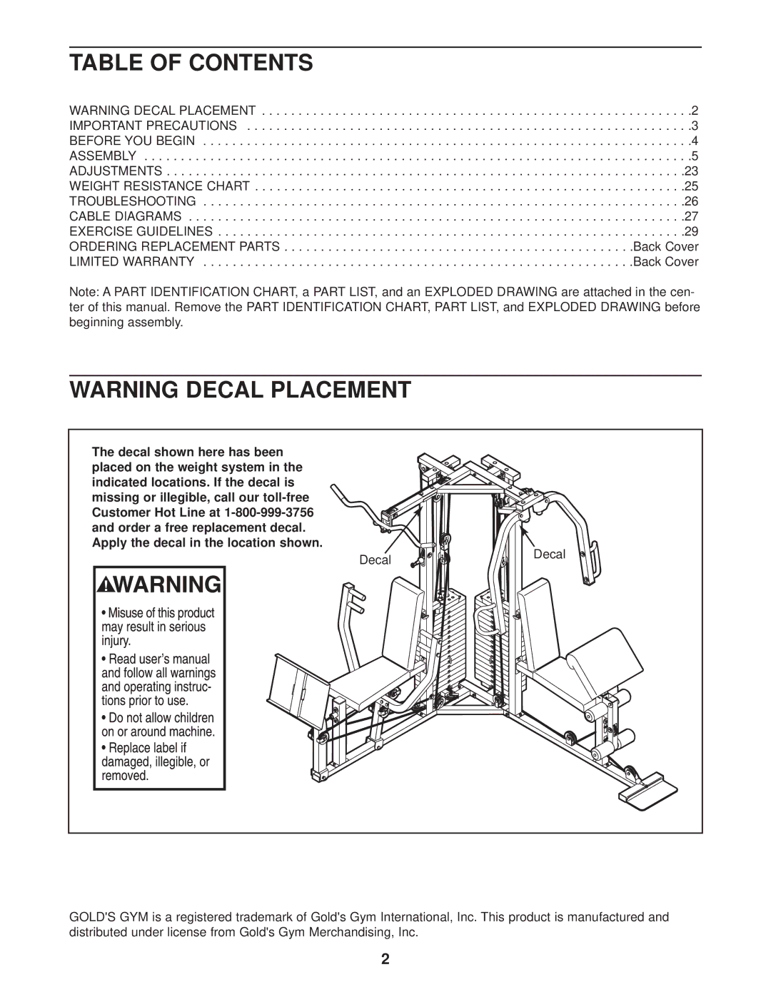 Gold's Gym GGSY69530 manual Table of Contents 