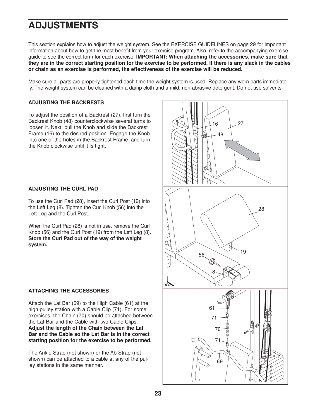 Gold's Gym GGSY69530 manual Adjustments, Adjusting the Backrests, Adjusting the Curl PAD, Attaching the Accessories 